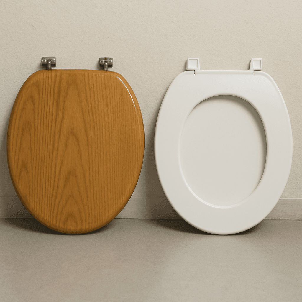 Ein Toilettensitz aus Holz und ein Toilettensitz aus Kunststoff zum Vergleich nebeneinander