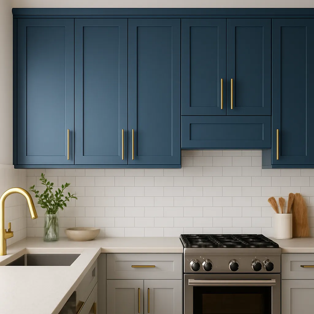 Moderne Küche mit blauen, maßgefertigten Oberschränken und Messingbeschlägen