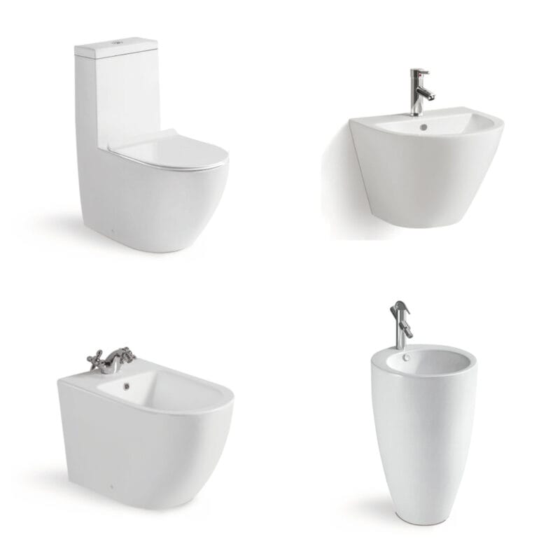 Von Saso zugelassenes Keramik-Set für Badezimmer: Stand-WC + Kombination aus wandhängendem Waschbecken und Bidet für Projekte in Saudi-Arabien