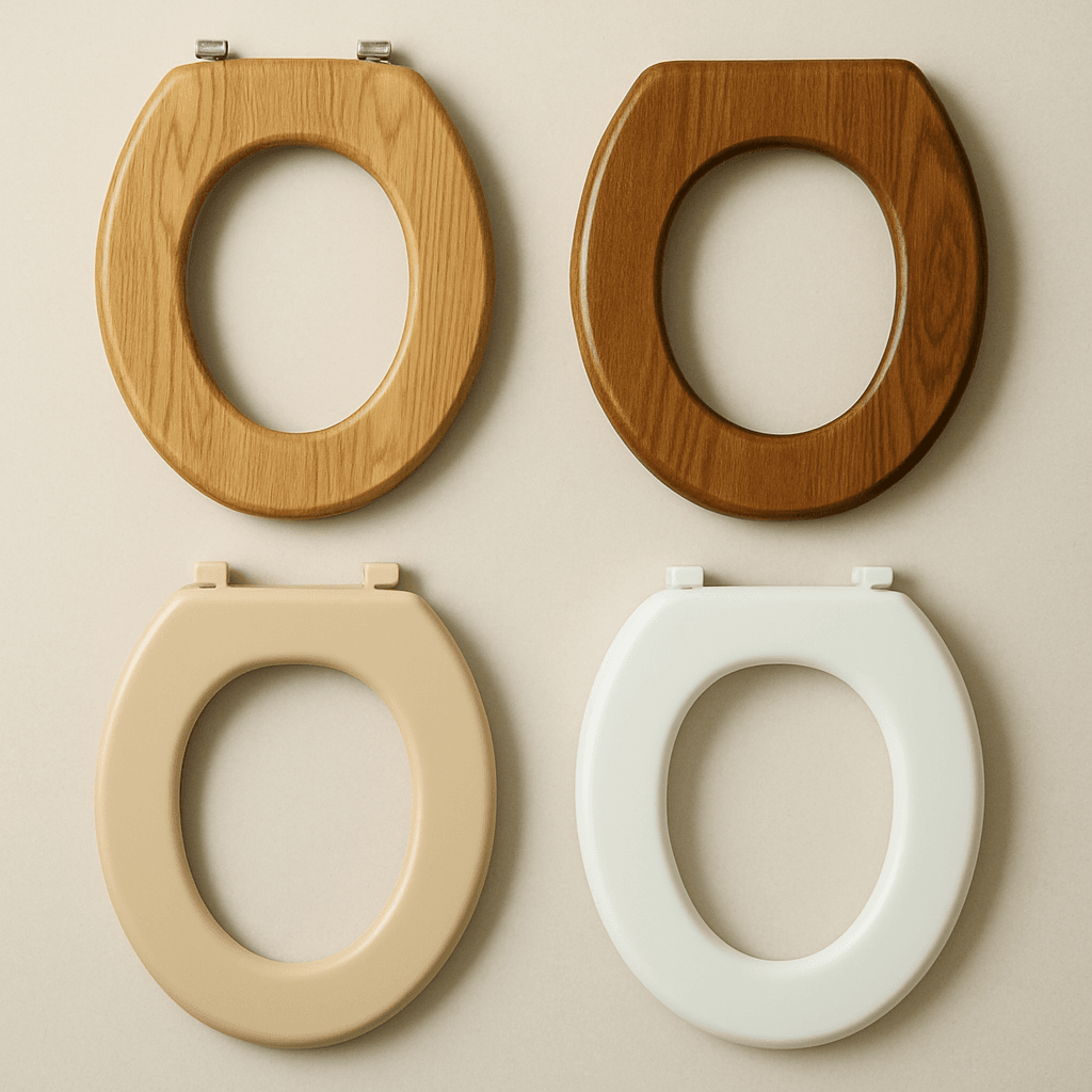 Verschiedene Toilettensitze aus Holz und Kunststoff in unterschiedlichen Stilen und Ausführungen