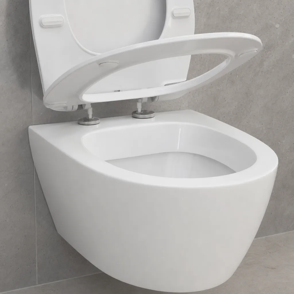 Nahaufnahme einer randlosen, wandhängenden Toilettenschüssel und eines Schnellverschluss-Sitzes