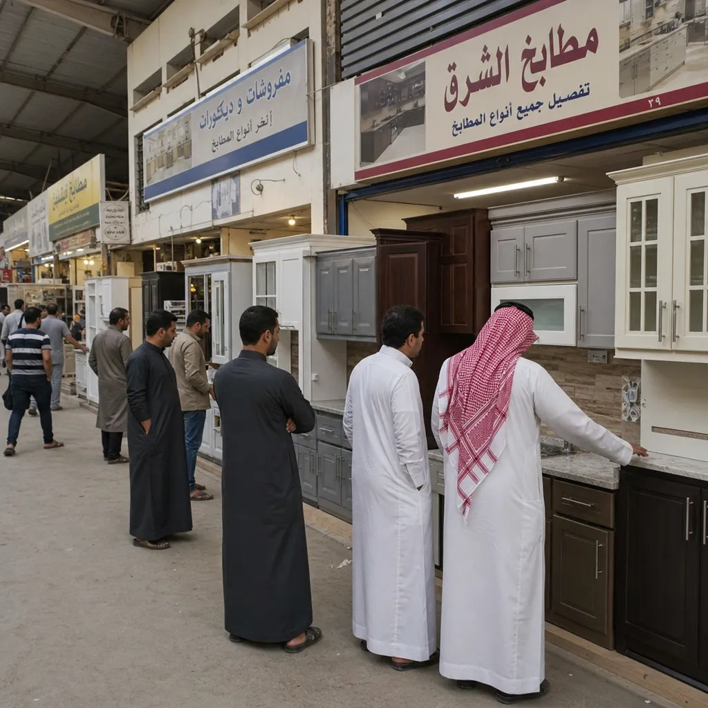 Kunden, die auf einem belebten lokalen Möbelmarkt in Riad umherschlendern, auf dem verschiedene Küchenschrank-Ausstellungsstücke präsentiert werden