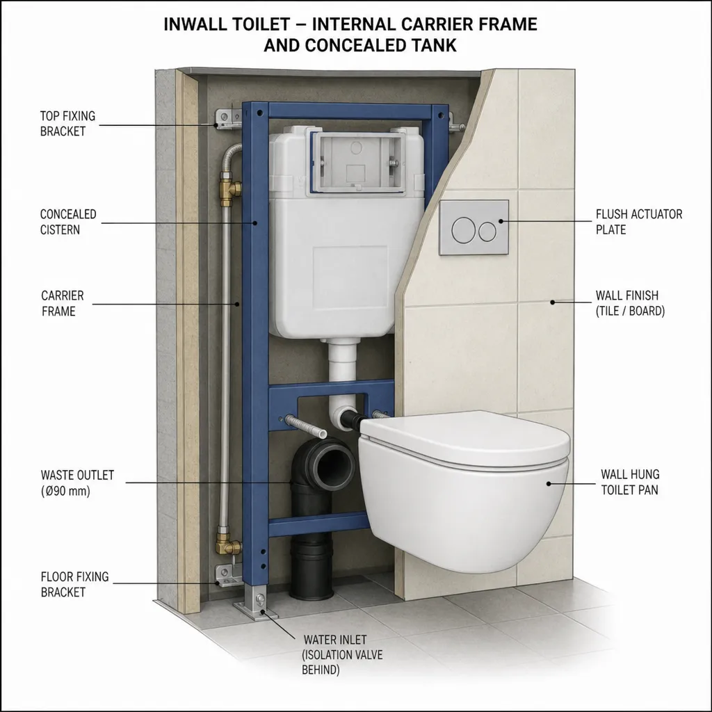 Schematische Darstellung des inneren Tragrahmens und des verdeckten Spülkastens einer Unterputz-Toilette