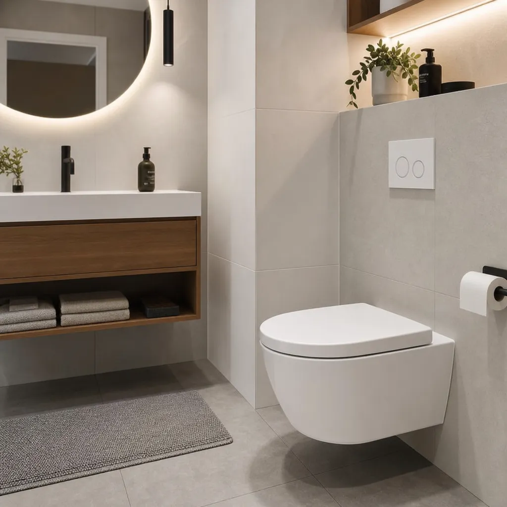 Modernes Badezimmer mit einer eleganten, weißen, wandhängenden Toilette