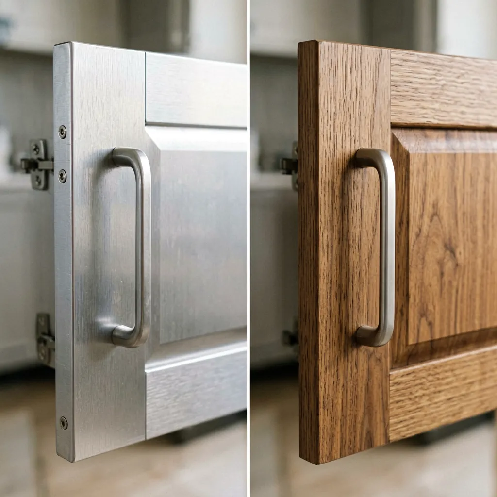 Close-up comparison of aluminum cabinet door vs wood cabinet door finish