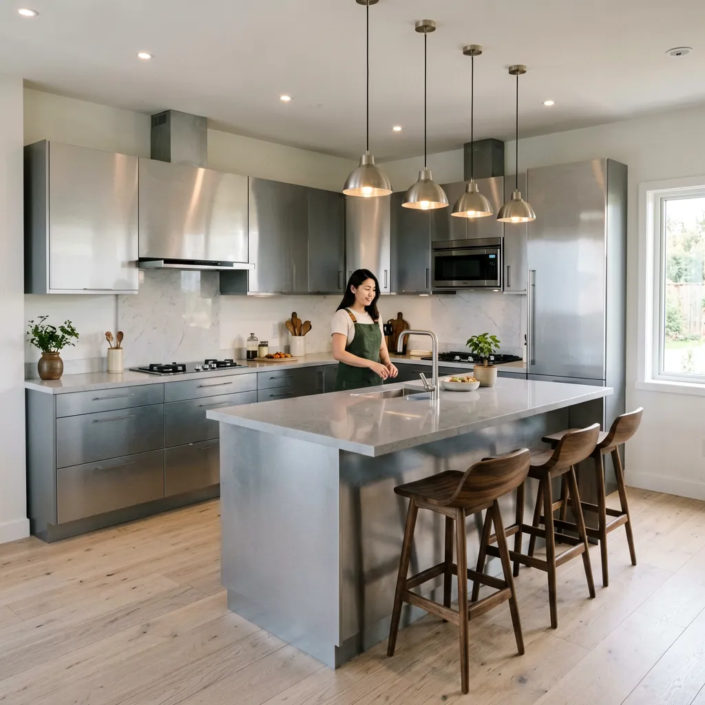 Modern residential kitchen with aluminum cabinets and island design