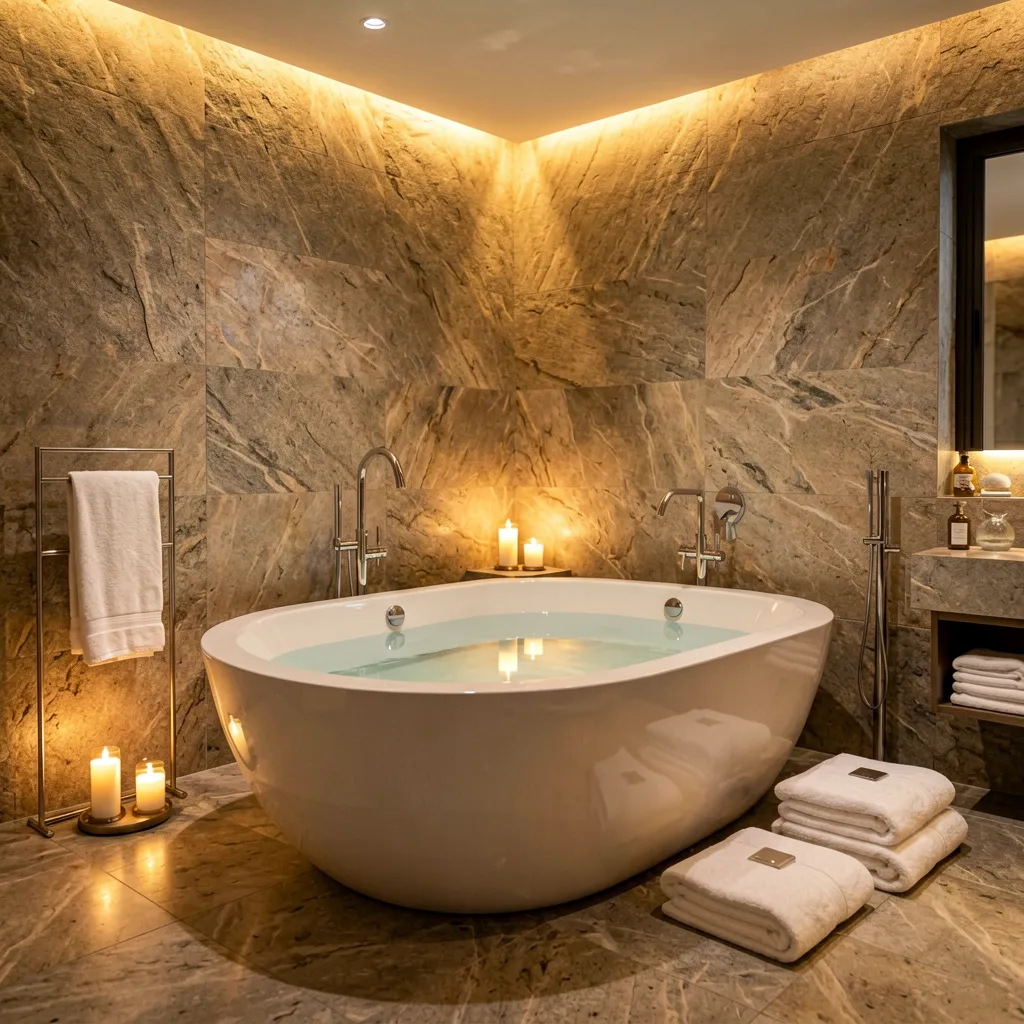 Spa-inspired bathroom color palette featuring warm beige tiles, sage green walls, and natural wood accents