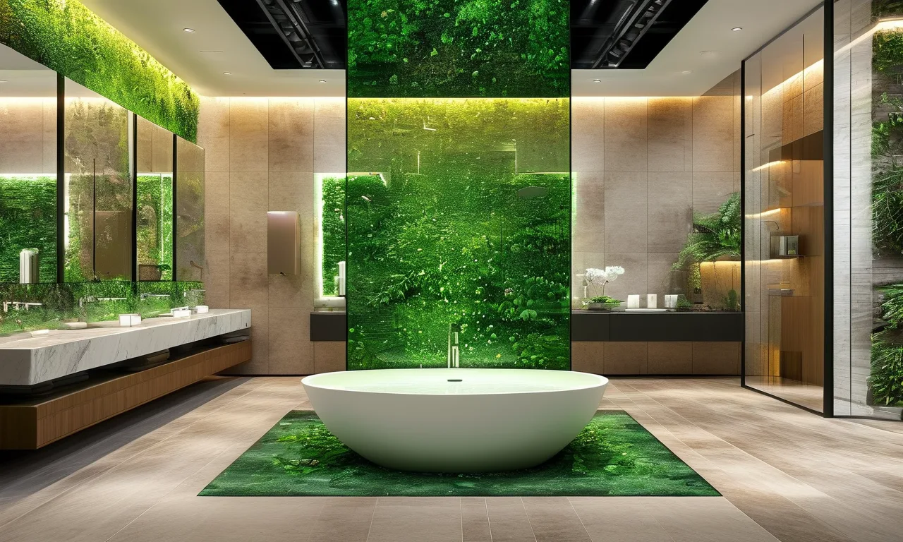 Sustainable bathroom showroom displaying green certified fixtures and energy-efficient lighting